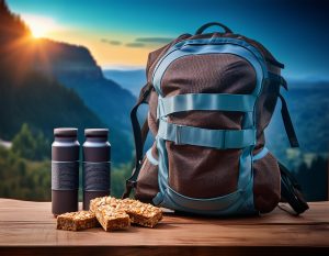 Mesa con una mochila deportiva y dos barritas energéticas - Global Foods - gfespana.es